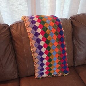 Colorful Hand Crocheted Diamond Pattern Blanket Throw Afghan  35x56